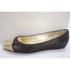 Jimmy Choo Waine Black Leather Gold Stud Cap Toe Ballet Flats Size 35 NIB $565